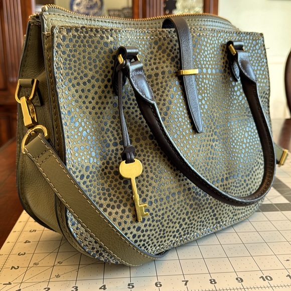 Fossil Olive Navy Dotted Genuine Leather 2-in-1 Satchel Cross Body Bag - Picture 12 of 13